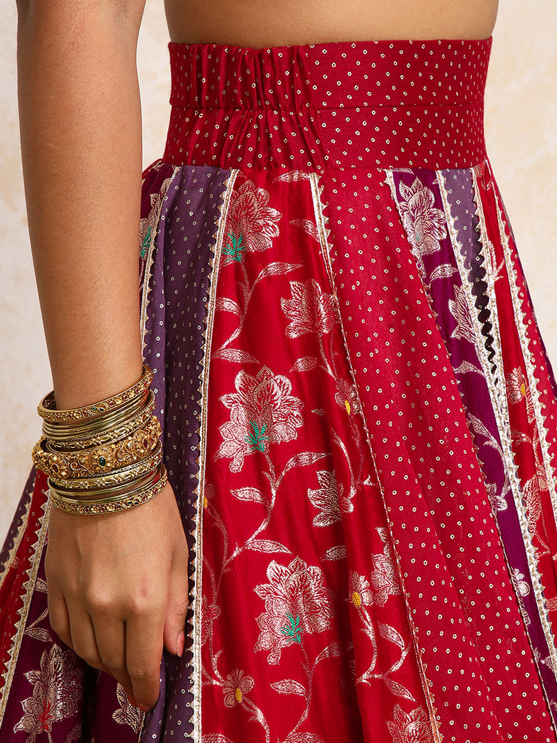 Shama x Tyohaar | Red & Purple Foil Chandheri & Meenakari FlareFit™ Lehenga Set with Dupatta-Binks