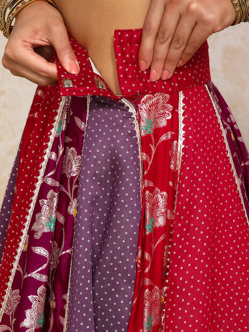 Shama x Tyohaar | Red & Purple Foil Chandheri & Meenakari FlareFit™ Lehenga Set with Dupatta-Binks