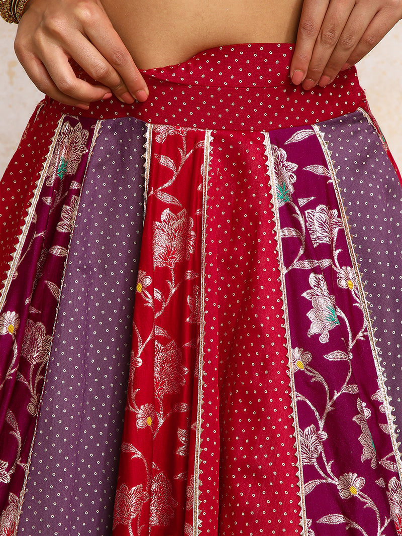 Shama x Tyohaar | Red & Purple Foil Chandheri & Meenakari FlareFit™ Lehenga Set with Dupatta-Binks