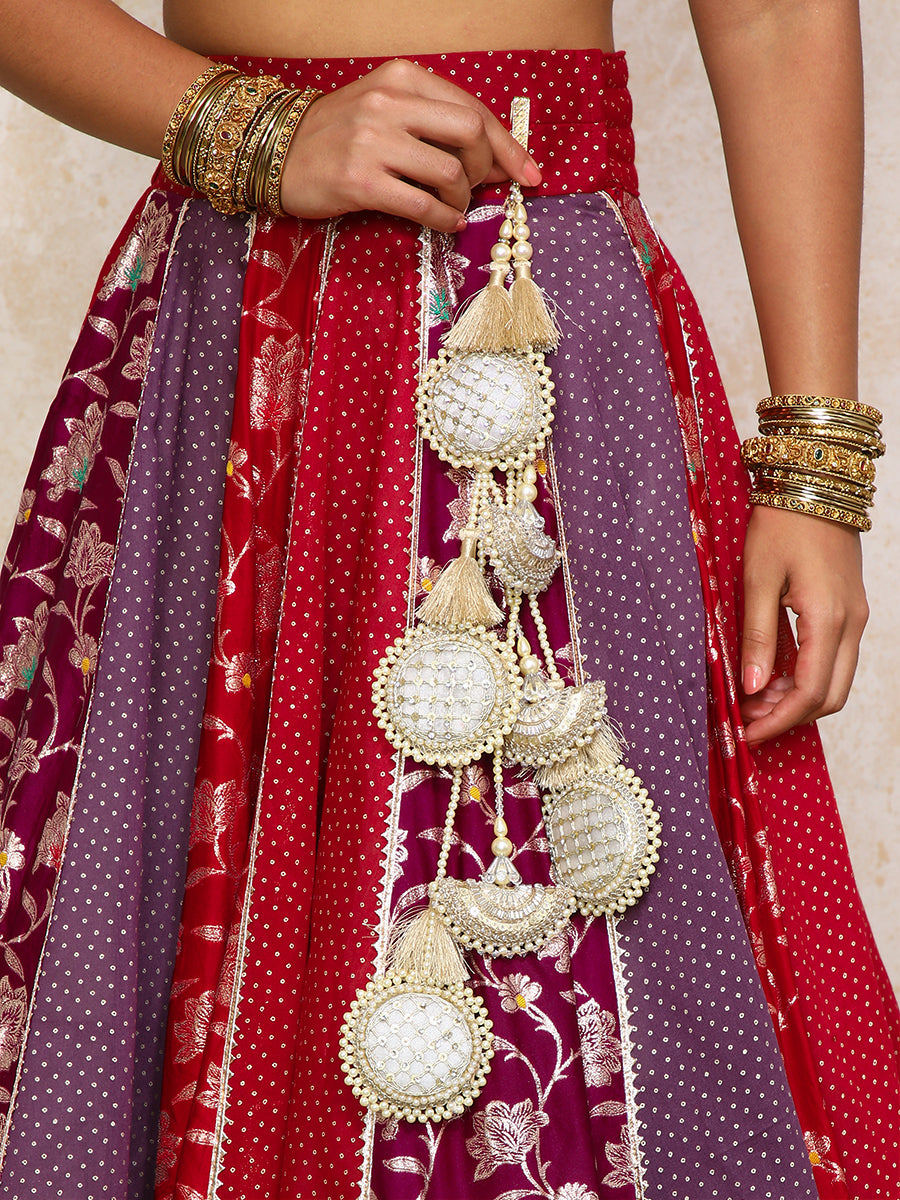 Shama x Tyohaar Lehenga Set, in Multicolour Chandheri & Satin Viscose, featuring elbow sleeves and v-neckline (view 6).