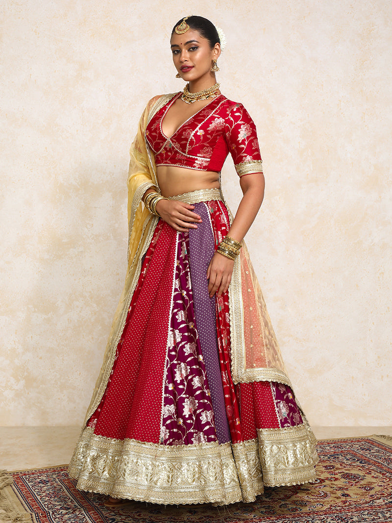 Shama x Tyohaar | Red & Purple Foil Chandheri & Meenakari FlareFit™ Lehenga Set with Dupatta-Binks