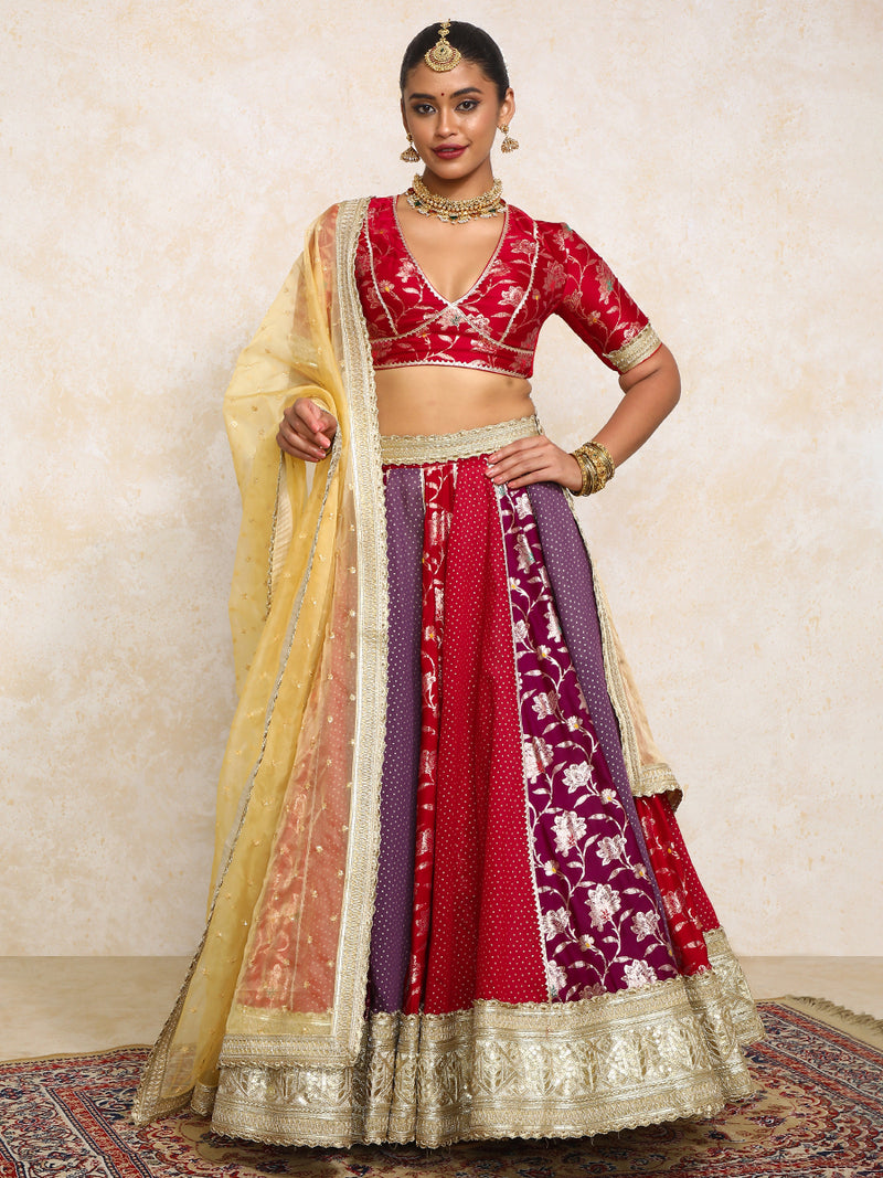 Shama x Tyohaar | Red & Purple Foil Chandheri & Meenakari FlareFit™ Lehenga Set with Dupatta-Binks