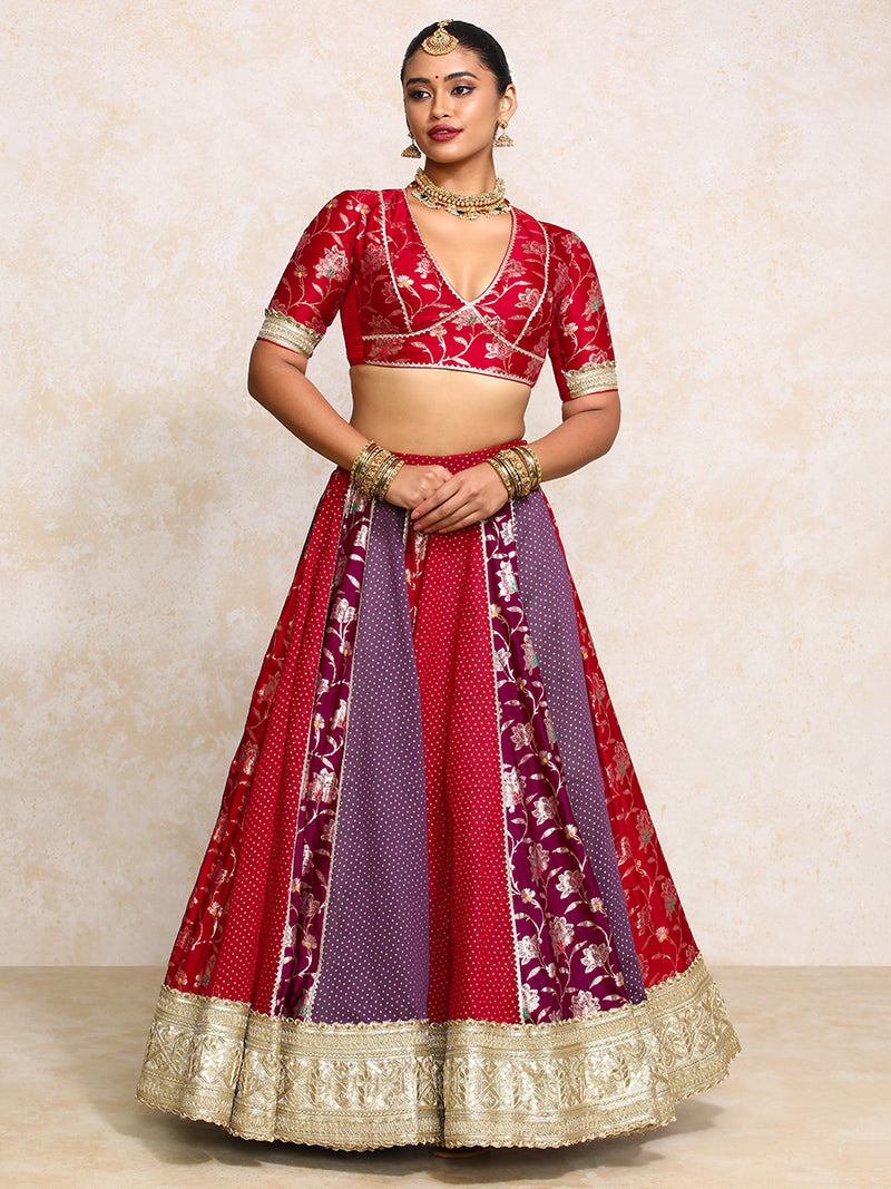 Shama x Tyohaar | Red & Purple Foil Chandheri & Meenakari FlareFit™ Lehenga Set with Dupatta-Binks