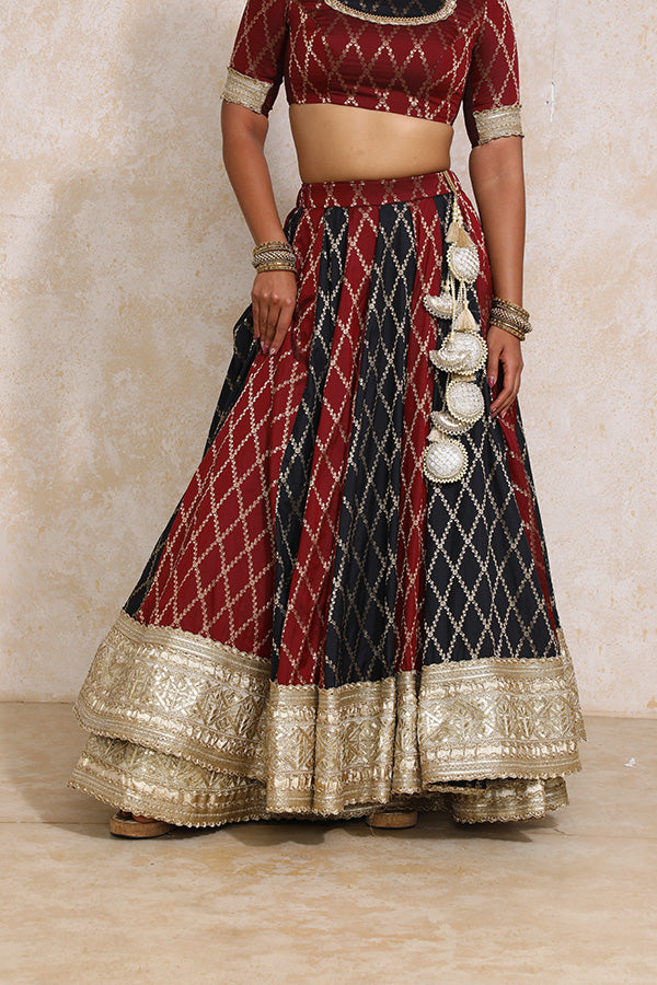 Shehnaz x Tyohaar Lehenga Set, in Multicolour Viscose Silk Brocade, featuring elbow sleeves and jewel neckline (view 3).