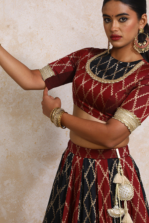 Shehnaz x Tyohaar Lehenga Set, in Multicolour Viscose Silk Brocade, featuring elbow sleeves and jewel neckline (view 7).