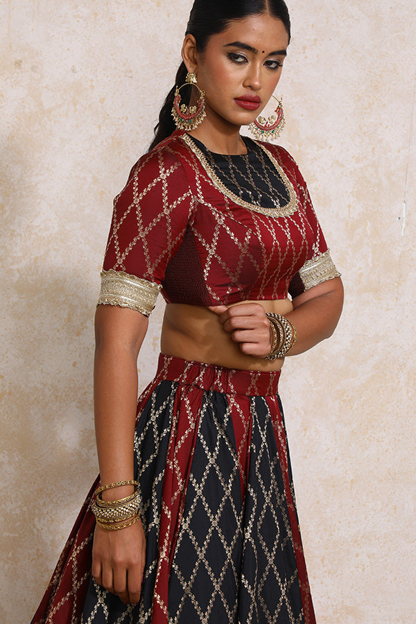 Shehnaz x Tyohaar Lehenga Set, in Multicolour Viscose Silk Brocade, featuring elbow sleeves and jewel neckline (view 8).