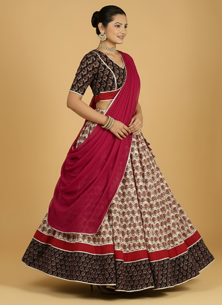 Shringar x Tyohaar | Red, Cream & Black Handblock Printed FlareFit™ Lehenga Set with Dupatta