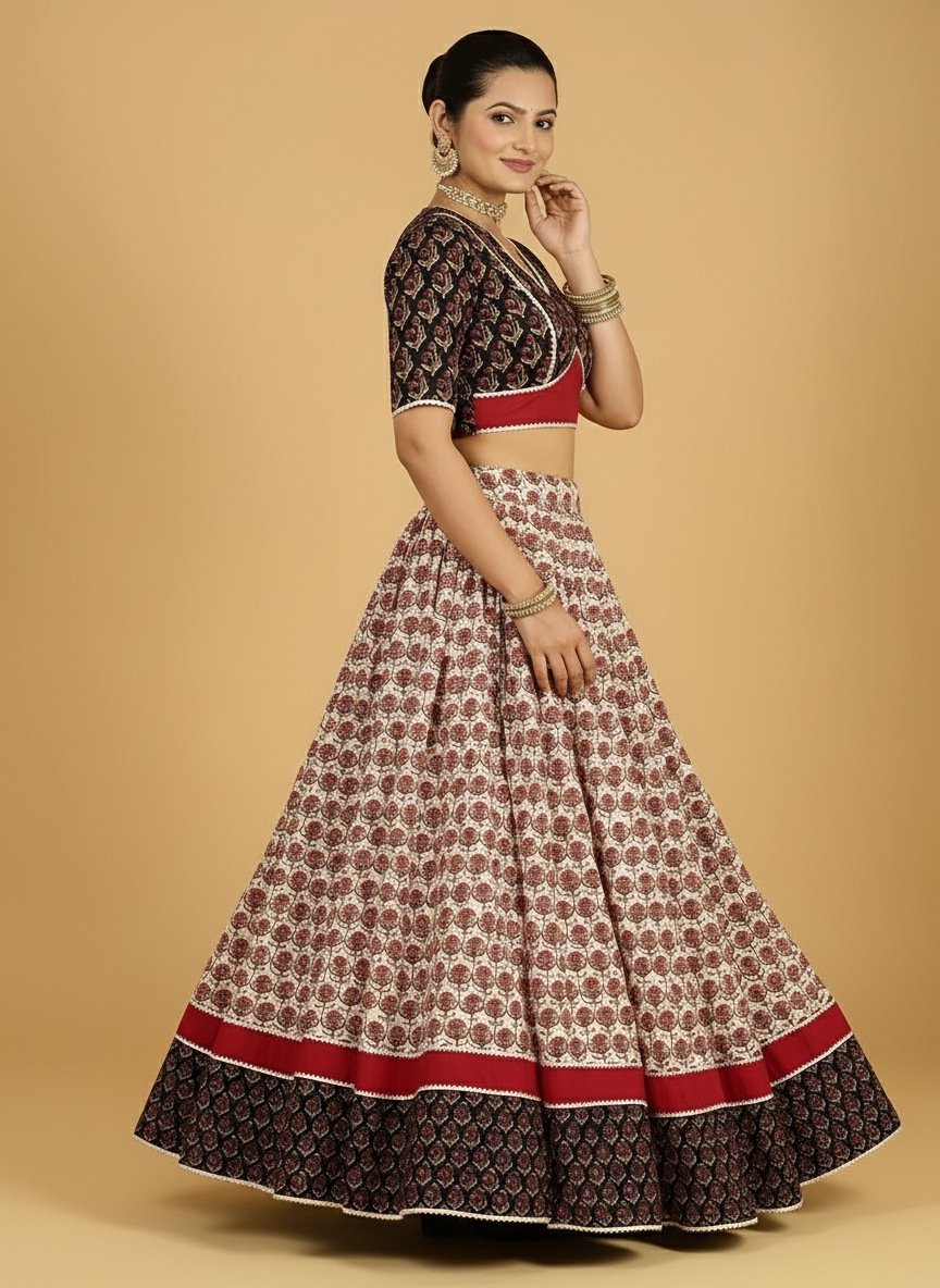 Shringar x Tyohaar Lehenga Set, in Multicolour 100% Cotton - Block Printed, featuring elbow sleeves and v-neckline (view 2).