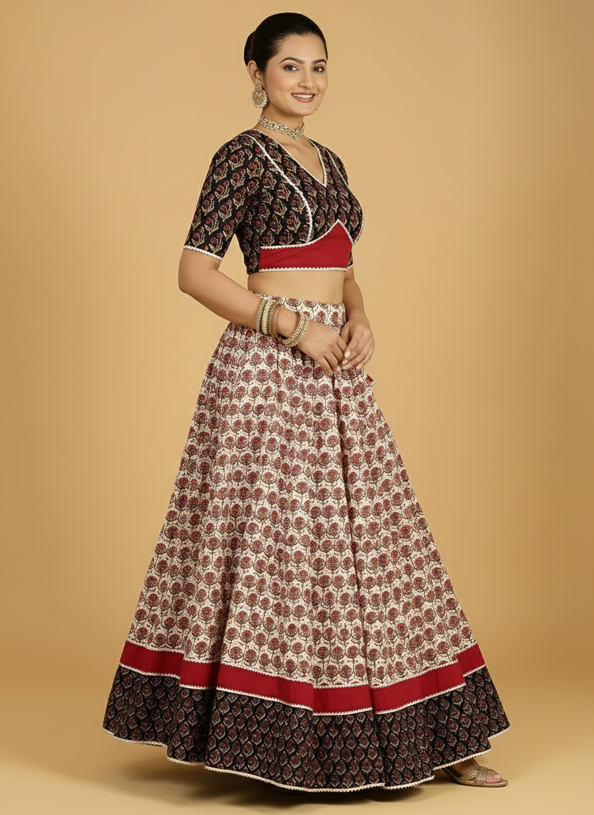Shringar x Tyohaar Lehenga Set, in Multicolour 100% Cotton - Block Printed, featuring elbow sleeves and v-neckline (view 3).