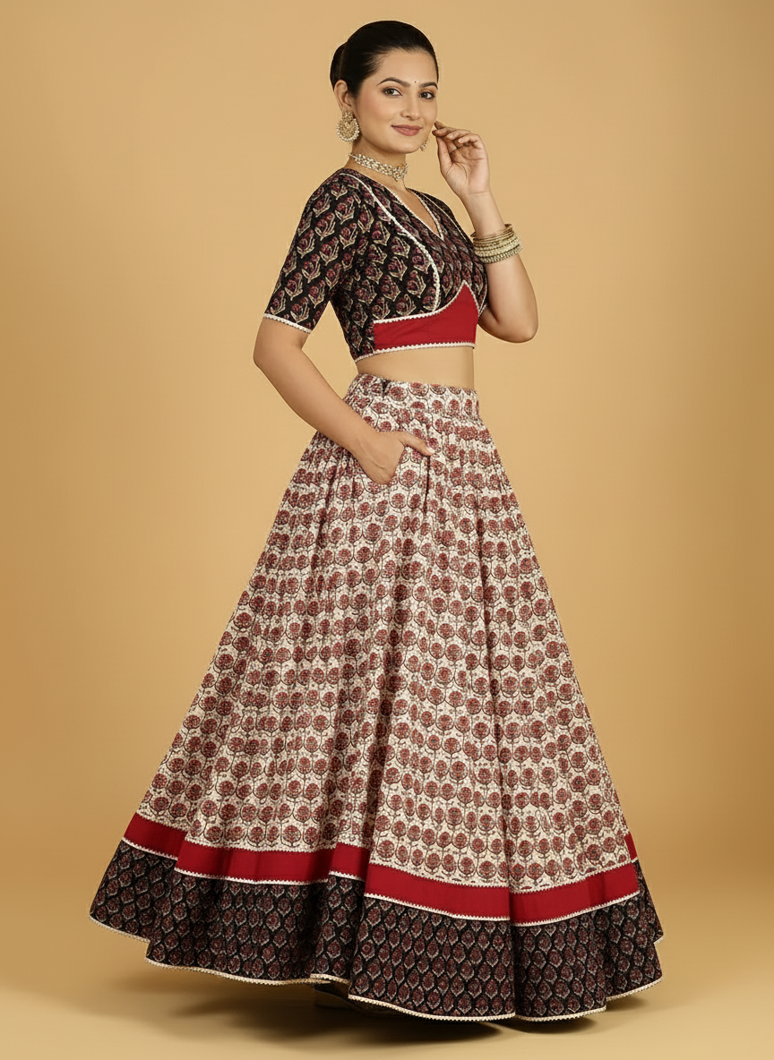 Shringar x Tyohaar Lehenga Set, in Multicolour 100% Cotton - Block Printed, featuring elbow sleeves and v-neckline (view 4).