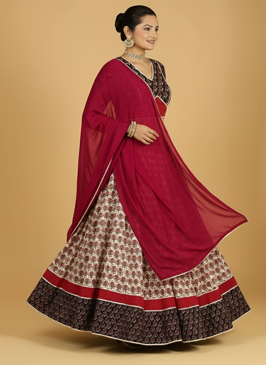 Shringar x Tyohaar Lehenga Set, in Multicolour 100% Cotton - Block Printed, featuring elbow sleeves and v-neckline (view 5).