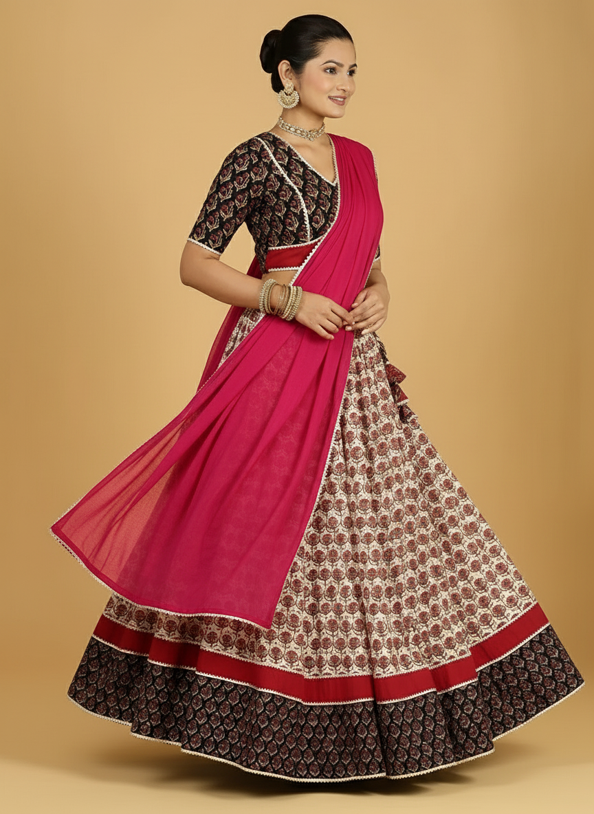 Shringar x Tyohaar Lehenga Set, in Multicolour 100% Cotton - Block Printed, featuring elbow sleeves and v-neckline (view 7).