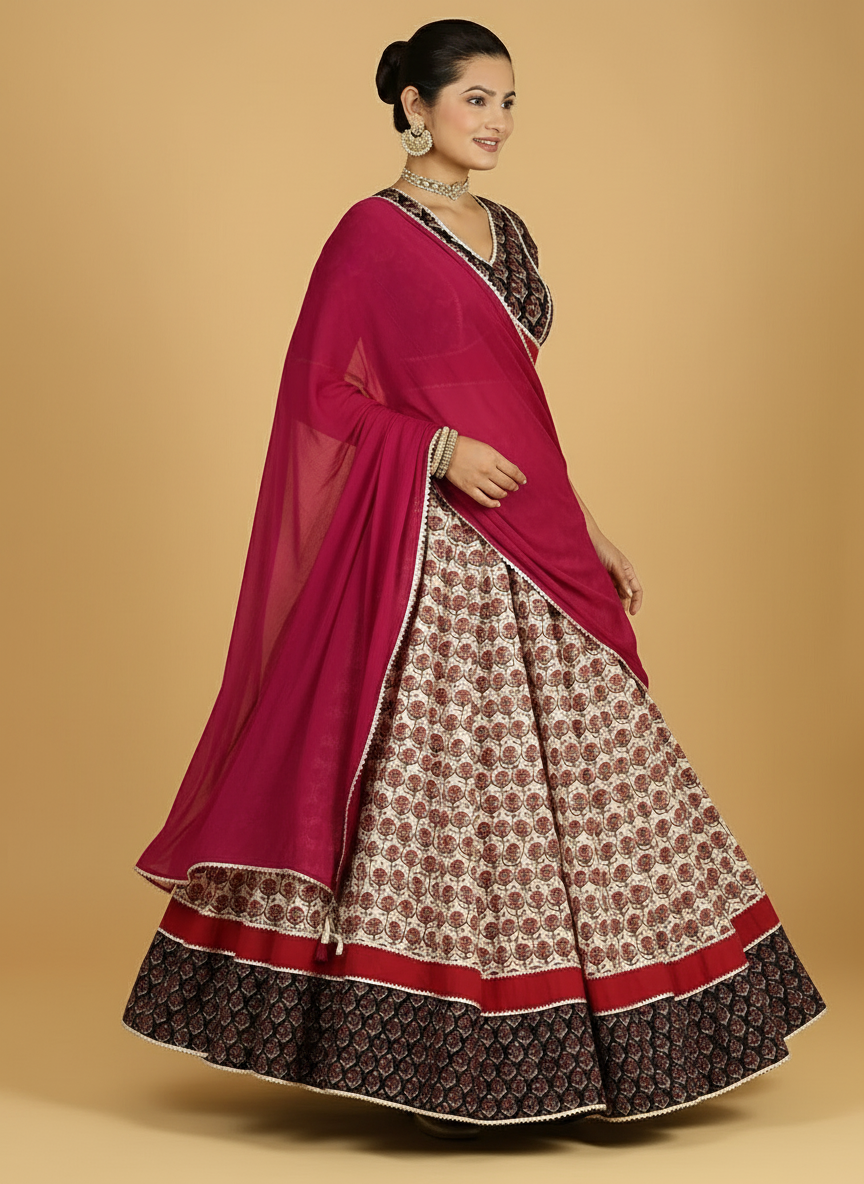 Shringar x Tyohaar Lehenga Set, in Multicolour 100% Cotton - Block Printed, featuring elbow sleeves and v-neckline (view 8).