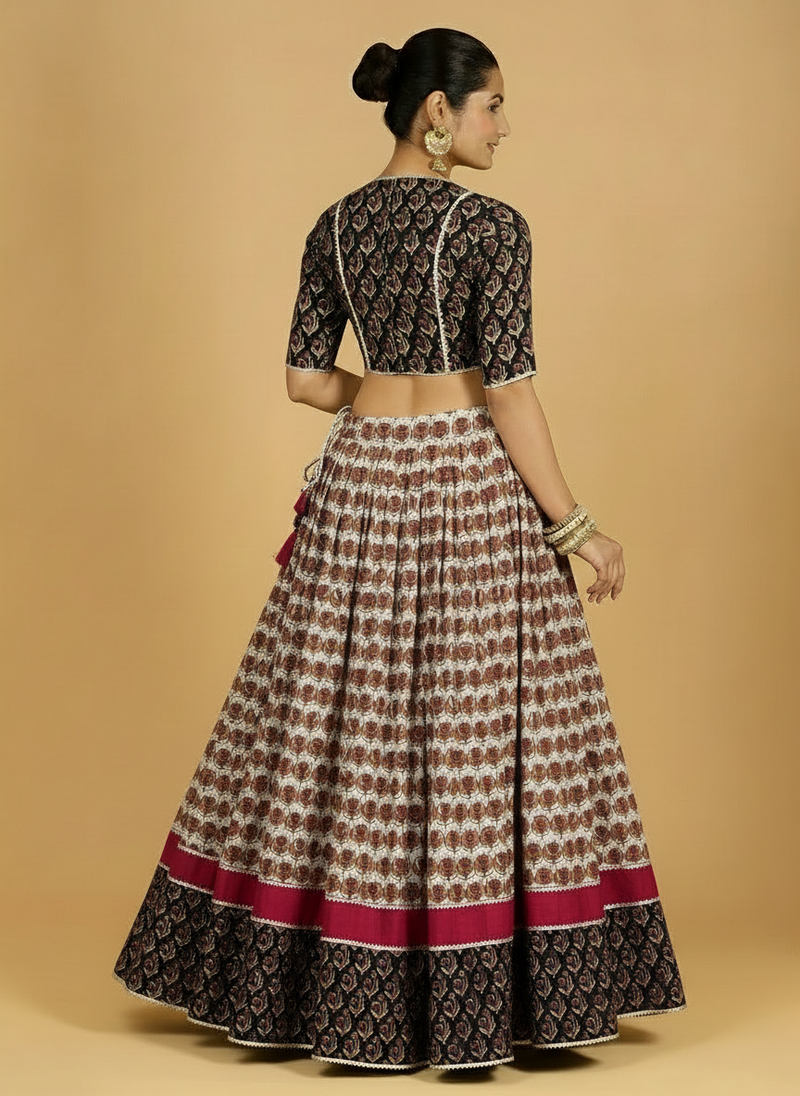 Shringar x Tyohaar | Red, Cream & Black Navratri Handblock Printed Lehenga Set-Binks