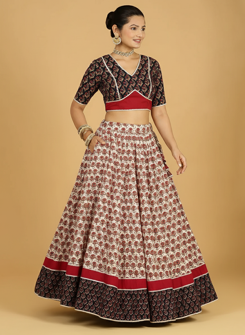 Shringar x Tyohaar | Red, Cream & Black Navratri Handblock Printed Lehenga Set-Binks