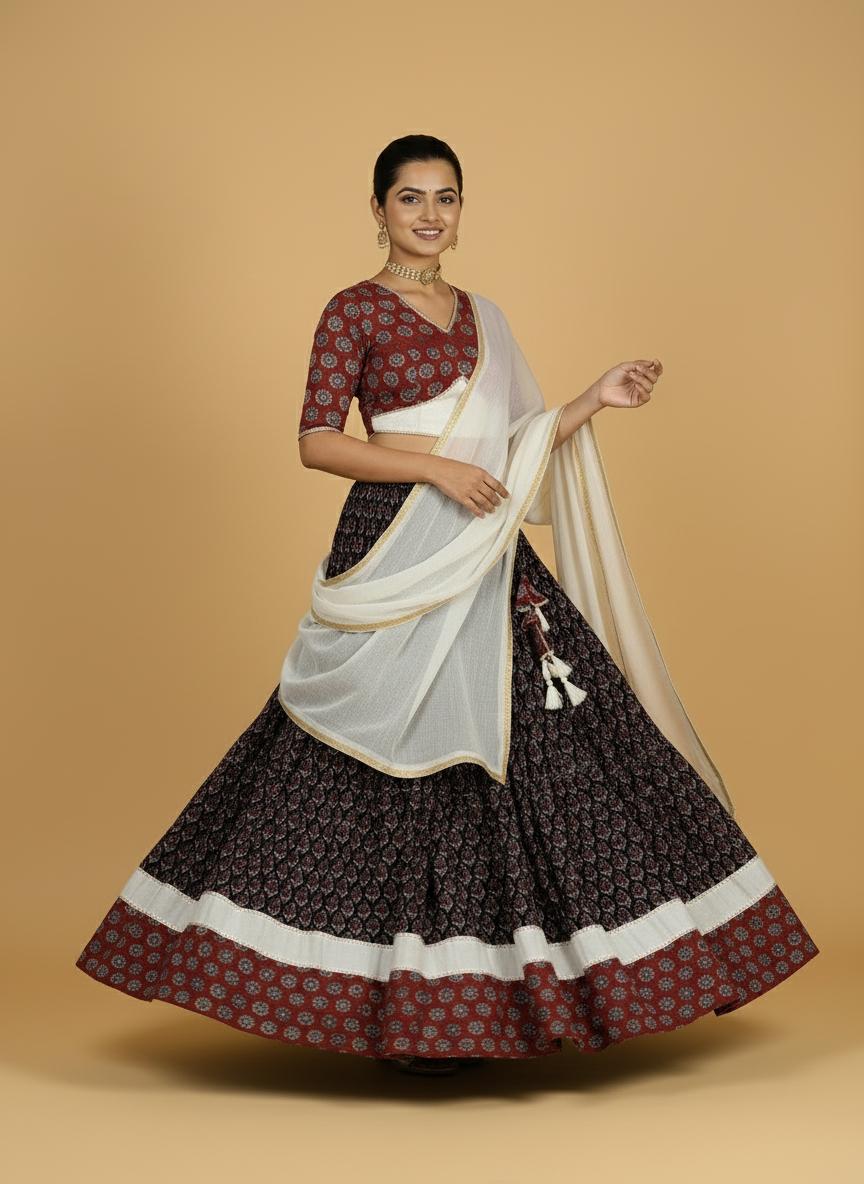 Shubh x Tyohaar Lehenga Set, in Black 100% Cotton - Block Printed, featuring elbow sleeves and v-neckline.