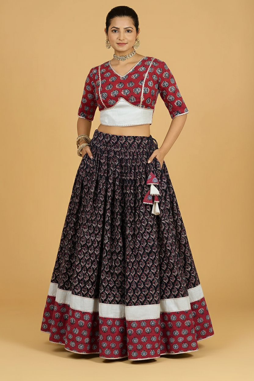Shubh x Tyohaar Lehenga Set, in Black 100% Cotton - Block Printed, featuring elbow sleeves and v-neckline (view 2).
