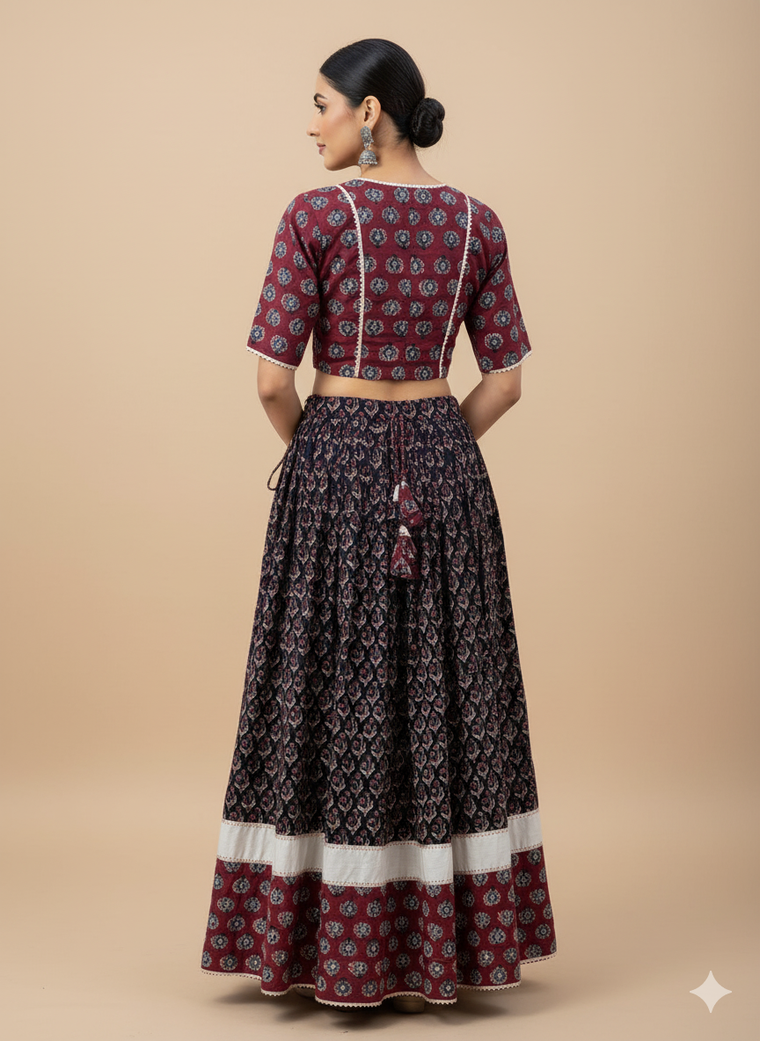 Shubh x Tyohaar Lehenga Set, in Black 100% Cotton - Block Printed, featuring elbow sleeves and v-neckline (view 3).