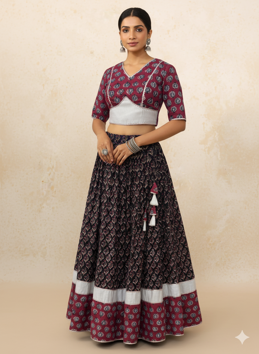 Shubh x Tyohaar Lehenga Set, in Black 100% Cotton - Block Printed, featuring elbow sleeves and v-neckline (view 7).
