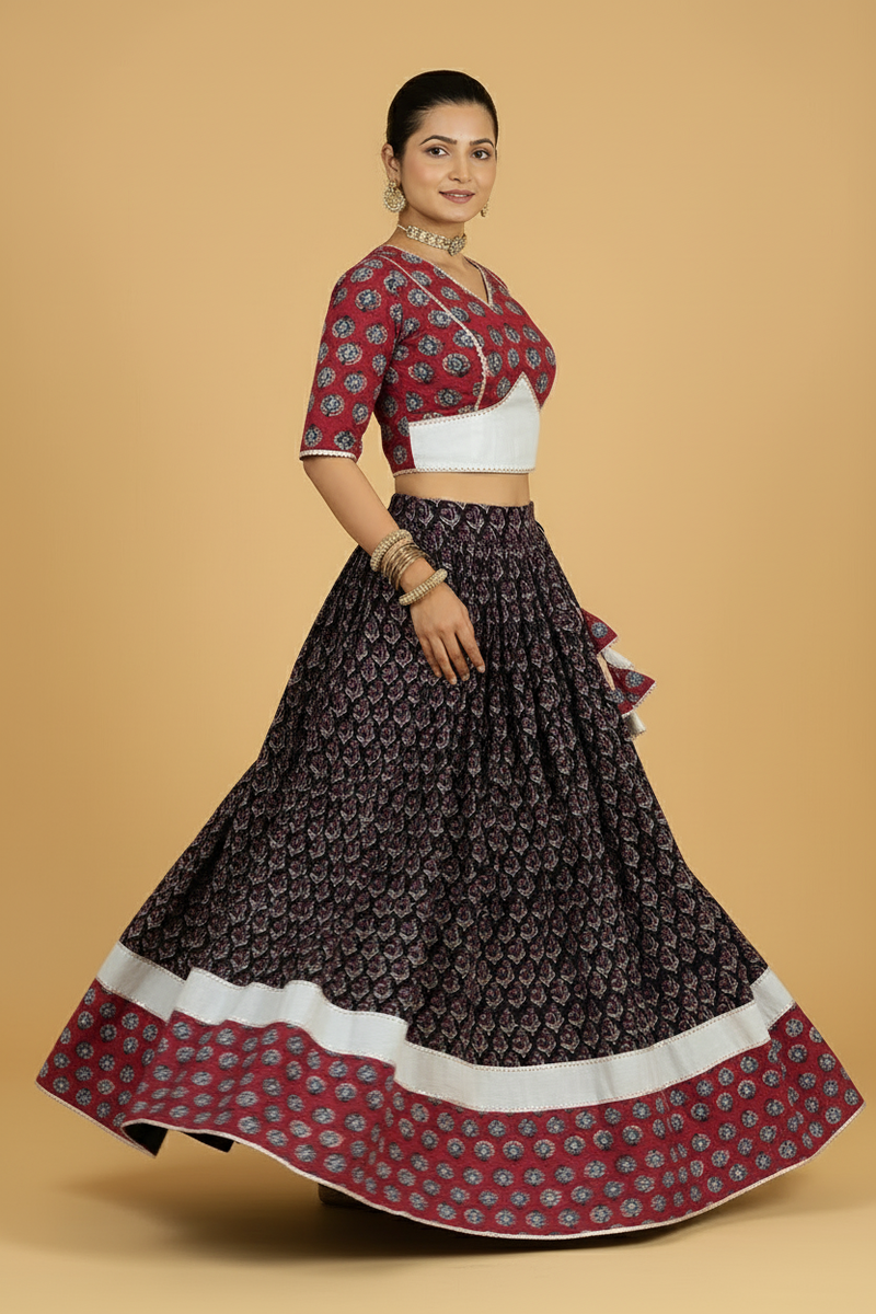 Shubh x Tyohaar | Black & Red Navratri Handblock Printed Lehenga Set-Binks