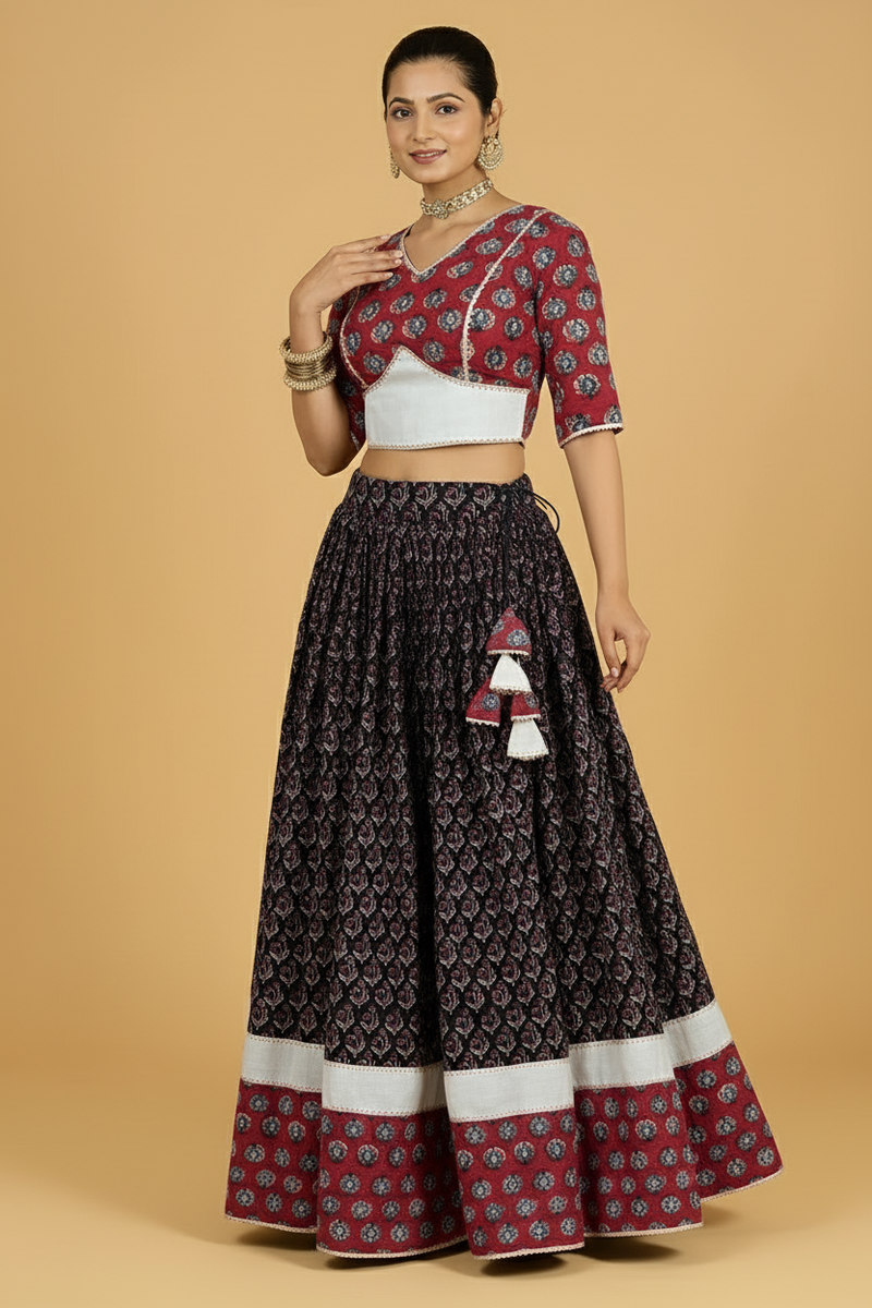 Shubh x Tyohaar | Black & Red Navratri Handblock Printed Lehenga Set-Binks