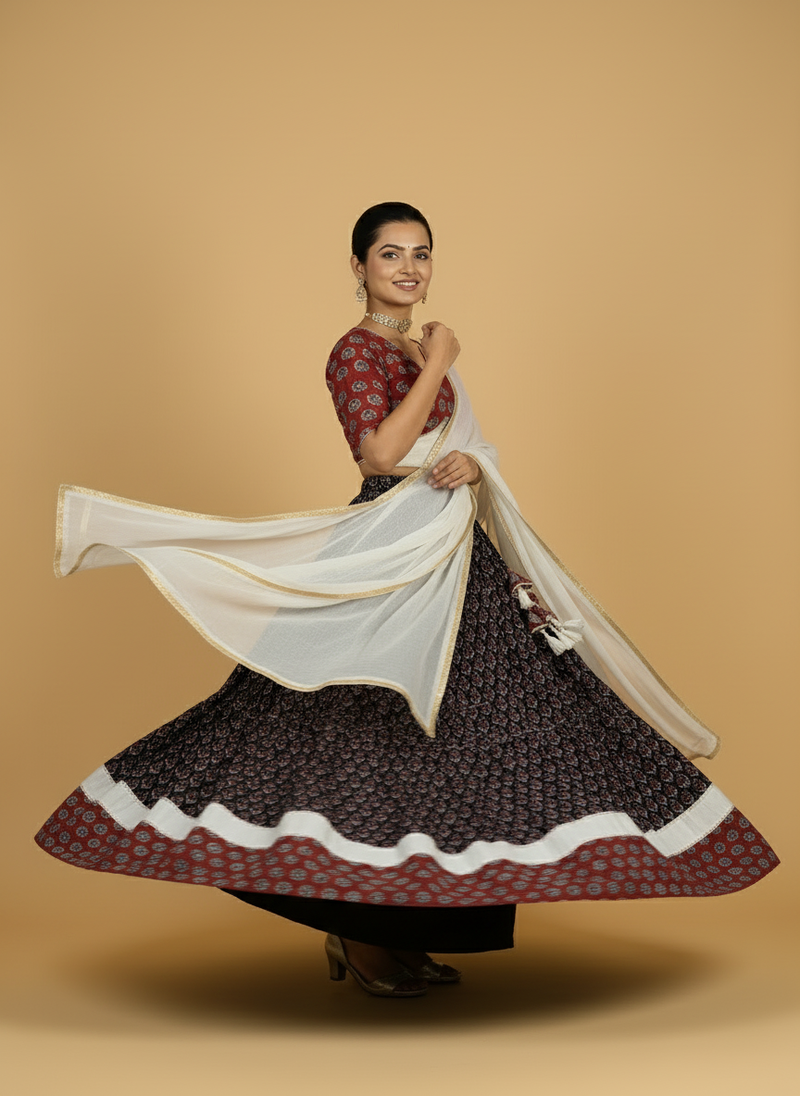 Shubh x Tyohaar | Black & Red Navratri Handblock Printed Lehenga Set-Binks