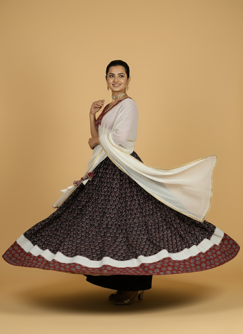 Shubh x Tyohaar | Black & Red Navratri Handblock Printed Lehenga Set-Binks