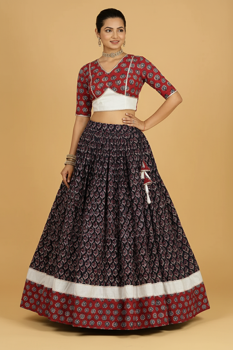 Shubh x Tyohaar | Black & Red Navratri Handblock Printed Lehenga Set-Binks