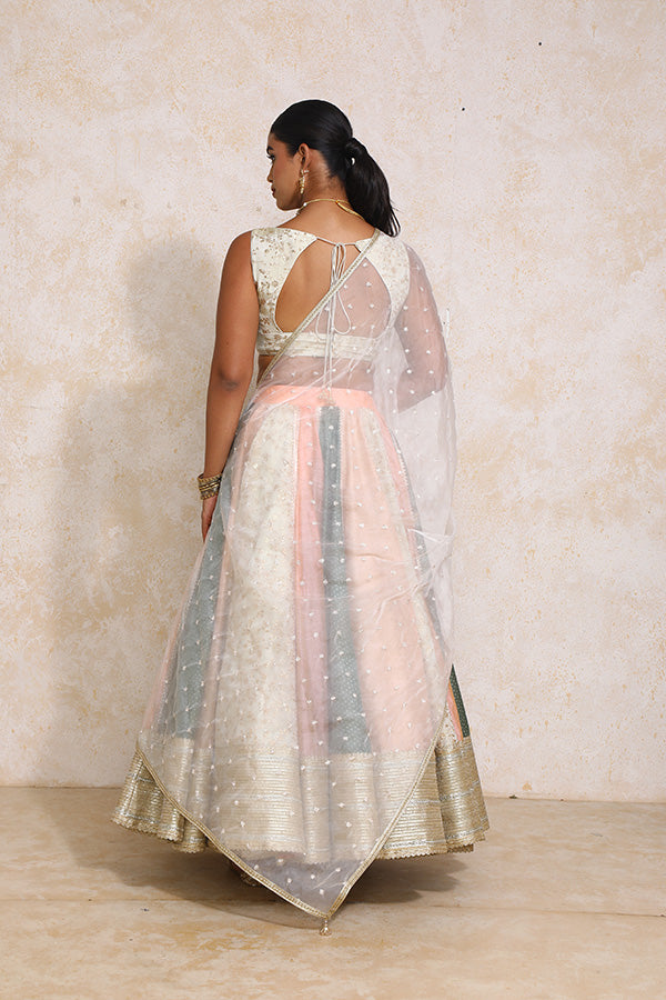 Surayya x Tyohaar Lehenga Set, in Multicolour Chandheri & Tissue Viscose, featuring sleeveless and sweetheart neckline (view 2).