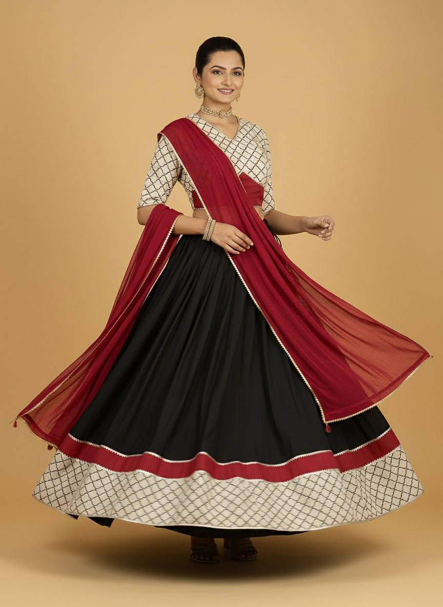 Saaj x Tyohaar | Cream & Black Handblock Printed FlareFit™ Lehenga Set with Dupatta