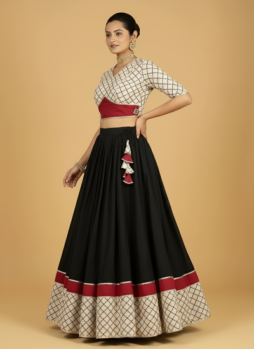 Saaj x Tyohaar Lehenga Set, in Black 100% Cotton - Block Printed, featuring elbow sleeves and v-neckline (view 5).