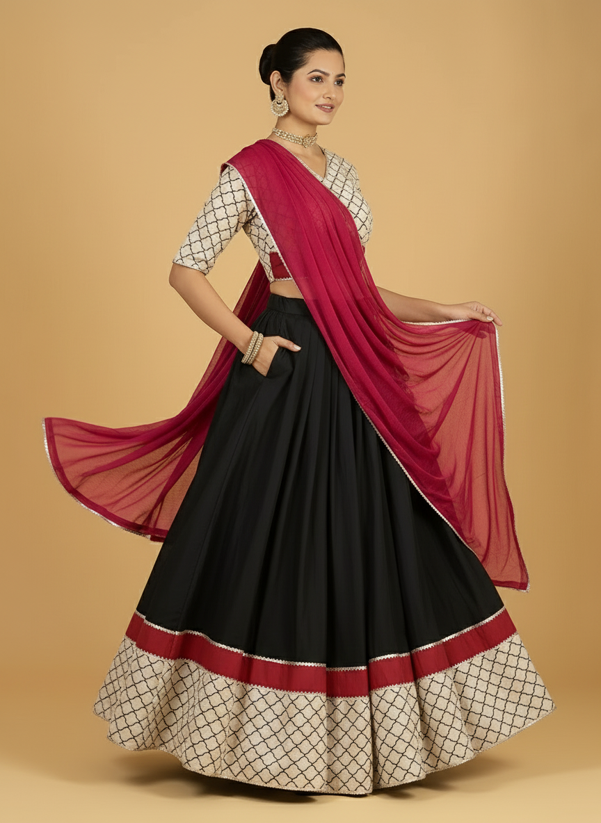 Saaj x Tyohaar Lehenga Set, in Black 100% Cotton - Block Printed, featuring elbow sleeves and v-neckline (view 7).