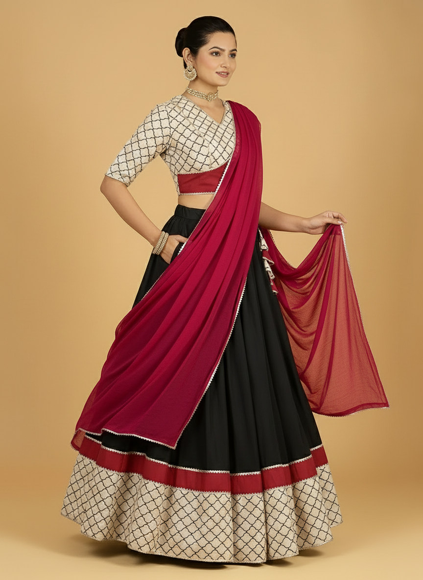 Saaj x Tyohaar Lehenga Set, in Black 100% Cotton - Block Printed, featuring elbow sleeves and v-neckline (view 8).