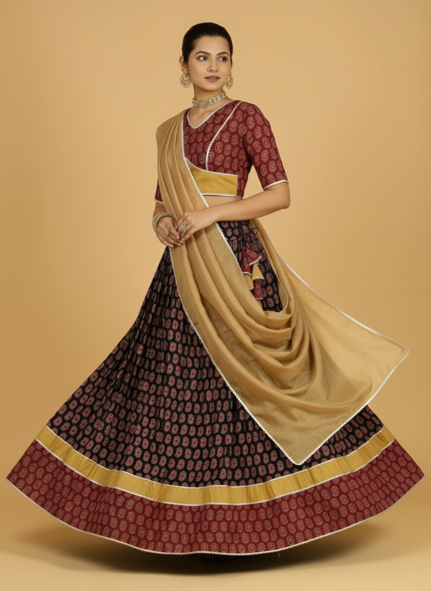 Surmay x Tyohaar Lehenga Set, in Multicolour 100% Cotton - Block Printed, featuring elbow sleeves and v-neckline (view 2).