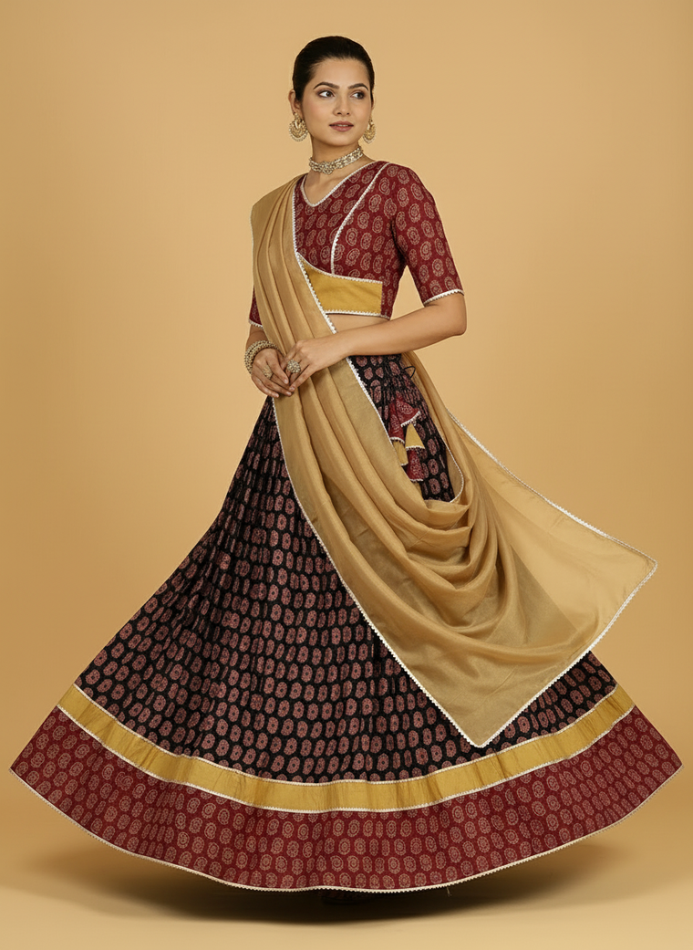 Surmay x Tyohaar Lehenga Set, in Multicolour 100% Cotton - Block Printed, featuring elbow sleeves and v-neckline (view 2).
