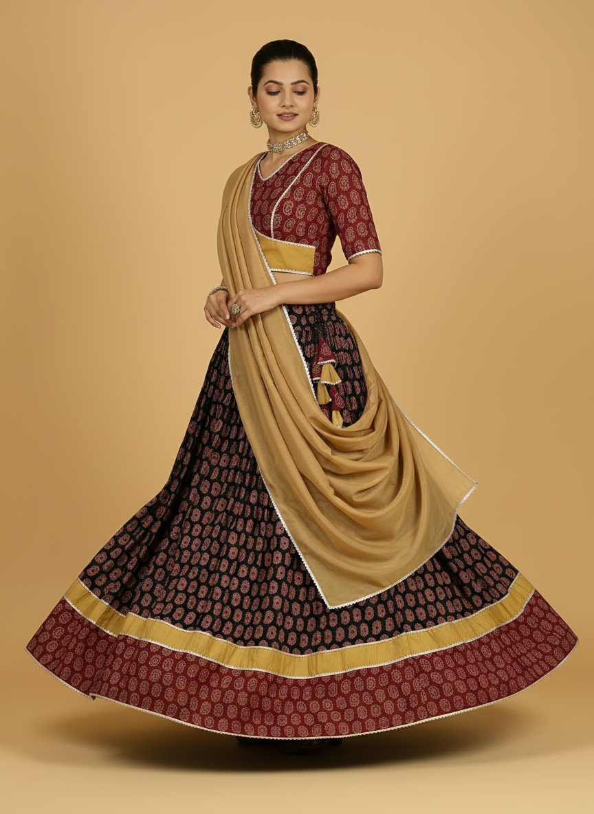 Surmay x Tyohaar Lehenga Set, in Multicolour 100% Cotton - Block Printed, featuring elbow sleeves and v-neckline (view 4).