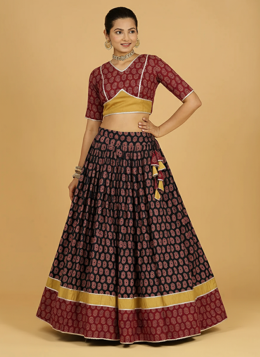 Surmay x Tyohaar Lehenga Set, in Multicolour 100% Cotton - Block Printed, featuring elbow sleeves and v-neckline (view 7).