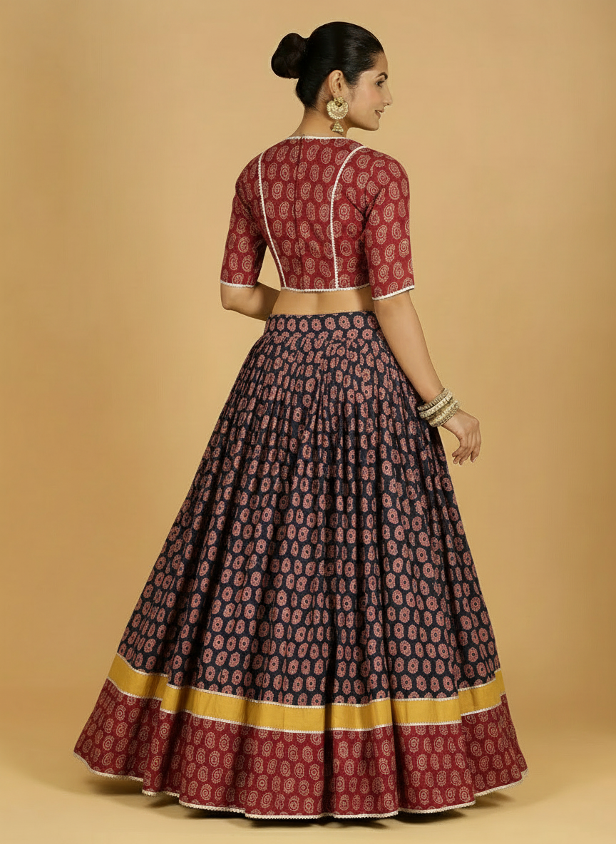 Surmay x Tyohaar Lehenga Set, in Multicolour 100% Cotton - Block Printed, featuring elbow sleeves and v-neckline (view 8).