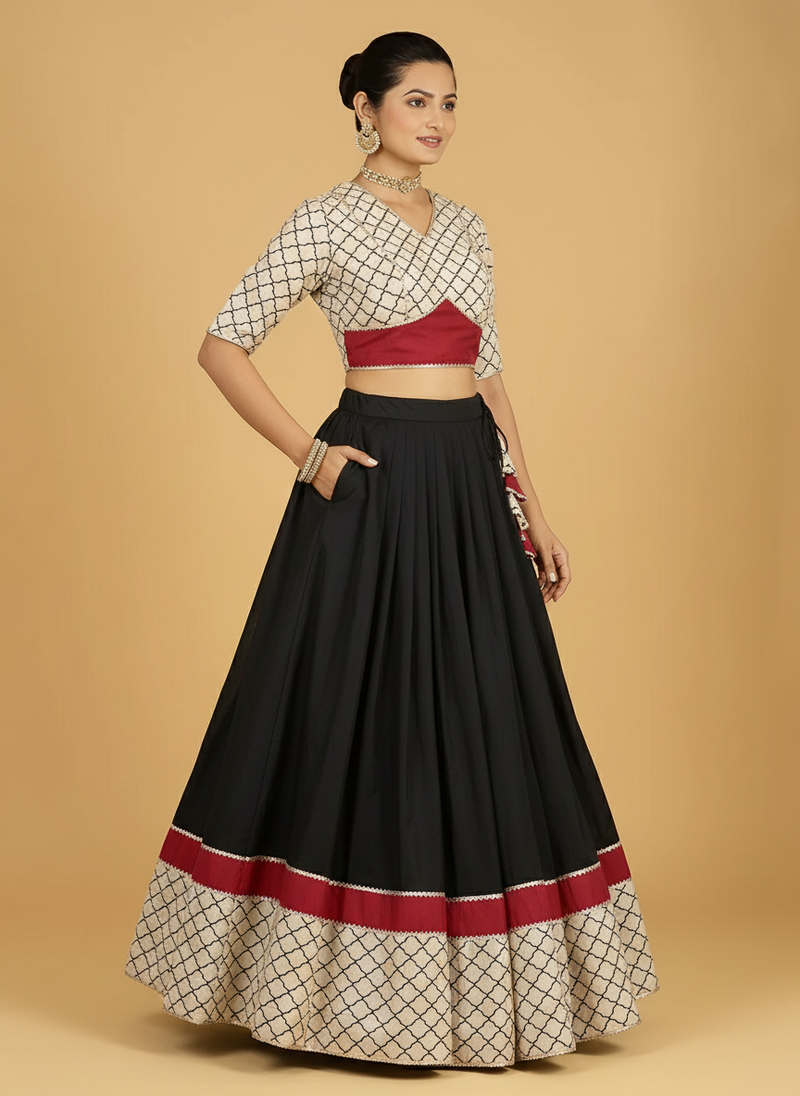 Saaj x Tyohaar | Cream & Black Navratri Handblock Printed Lehenga Set-Binks