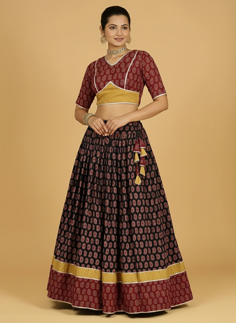 Surmay x Tyohaar | Red, Yellow & Black Navratri Handblock Printed Lehenga Set-Binks