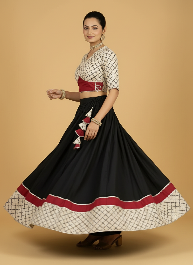 Saaj x Tyohaar | Cream & Black Navratri Handblock Printed Lehenga Set-Binks