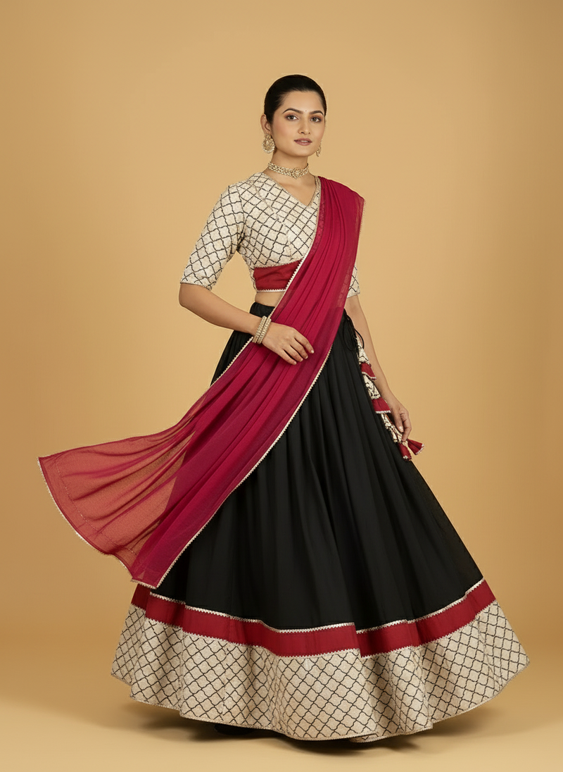 Saaj x Tyohaar | Cream & Black Navratri Handblock Printed Lehenga Set-Binks