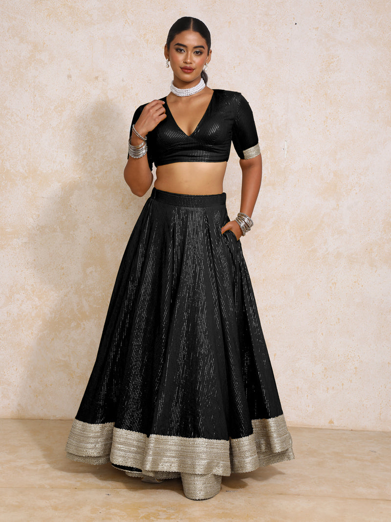 Vareesha x Tyohaar | Black Silver Stripe Cotton FlareFit™ Lehenga Set with Dupatta-Binks