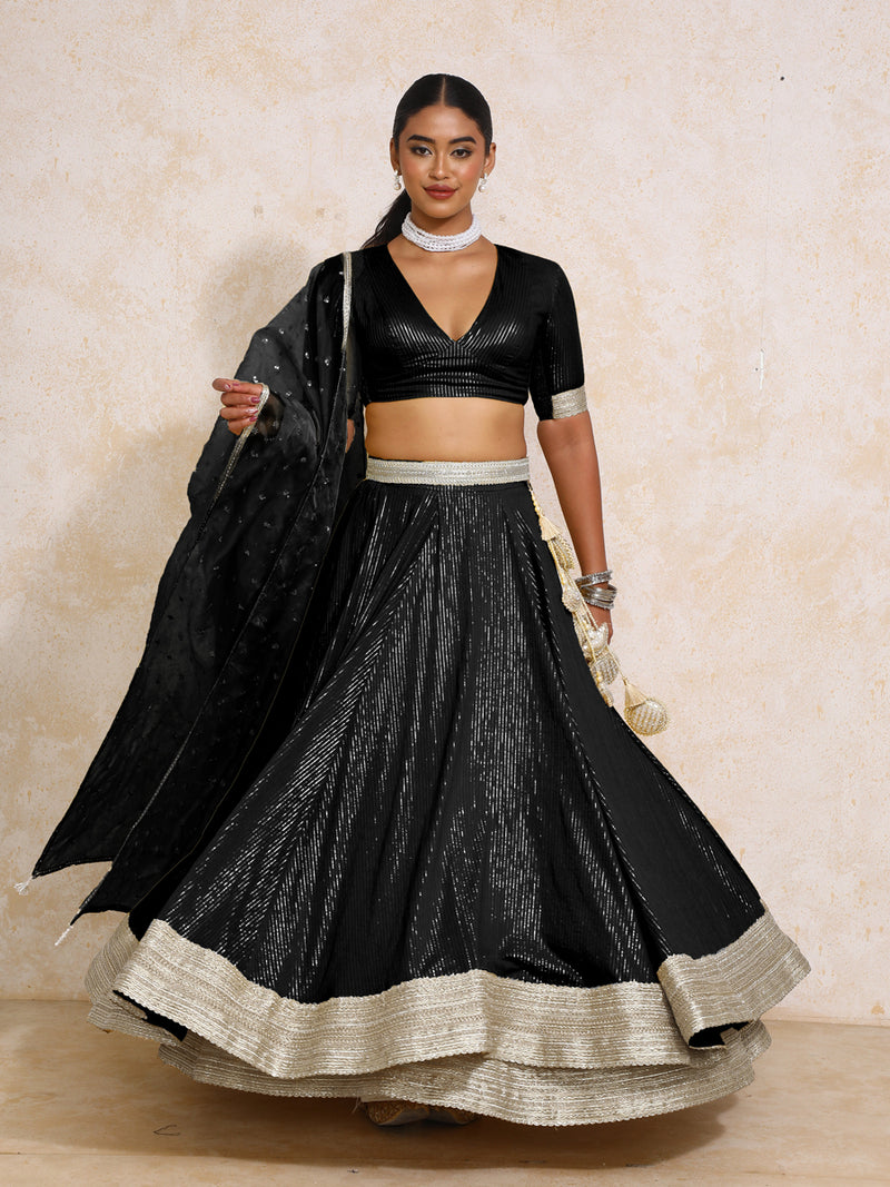 Vareesha x Tyohaar | Black Silver Stripe Cotton FlareFit™ Lehenga Set with Dupatta-Binks