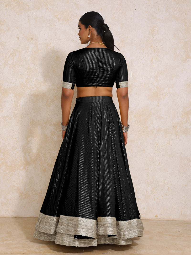 Vareesha x Tyohaar | Black Silver Stripe Cotton FlareFit™ Lehenga Set with Dupatta-Binks