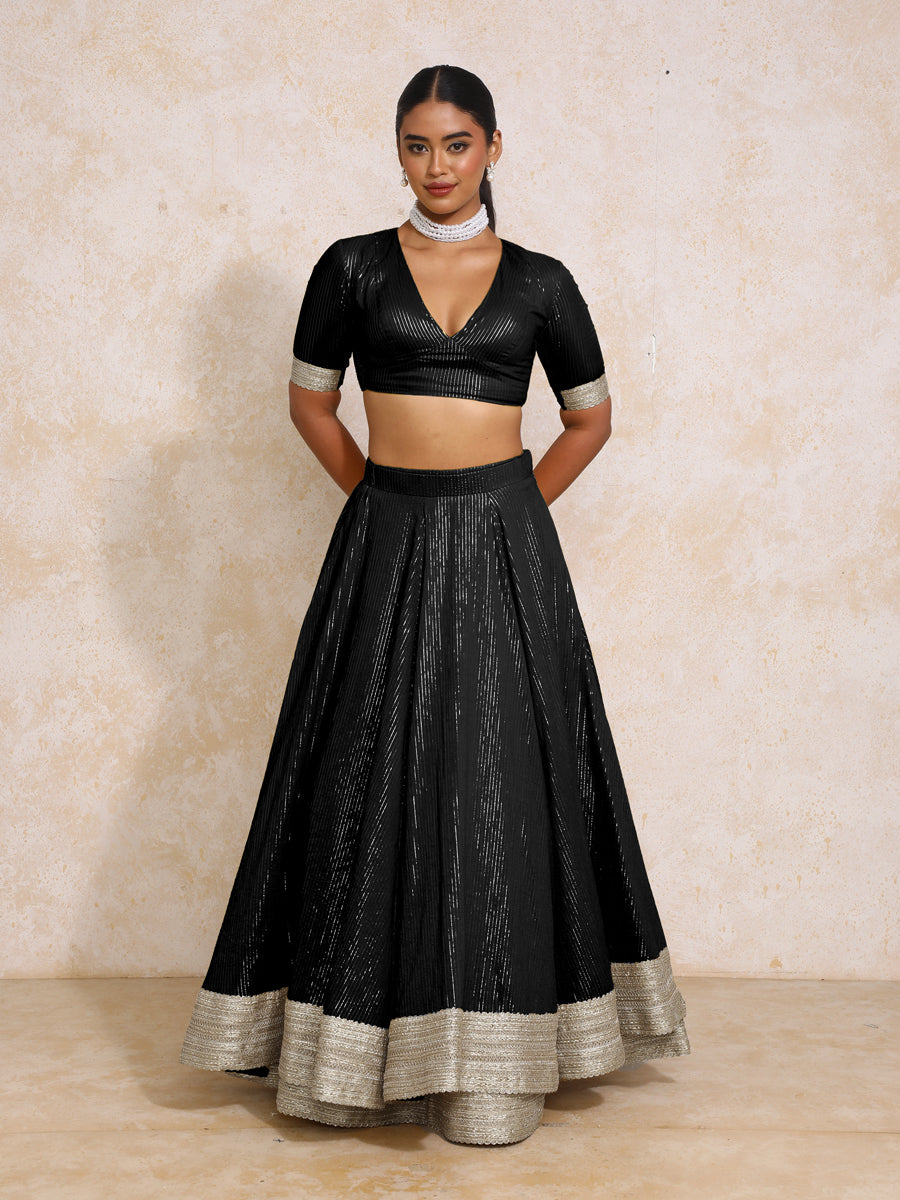 Vareesha x Tyohaar Lehenga Set, in Black 100% Cotton & Lurex, featuring elbow sleeves and v-neckline (view 8).