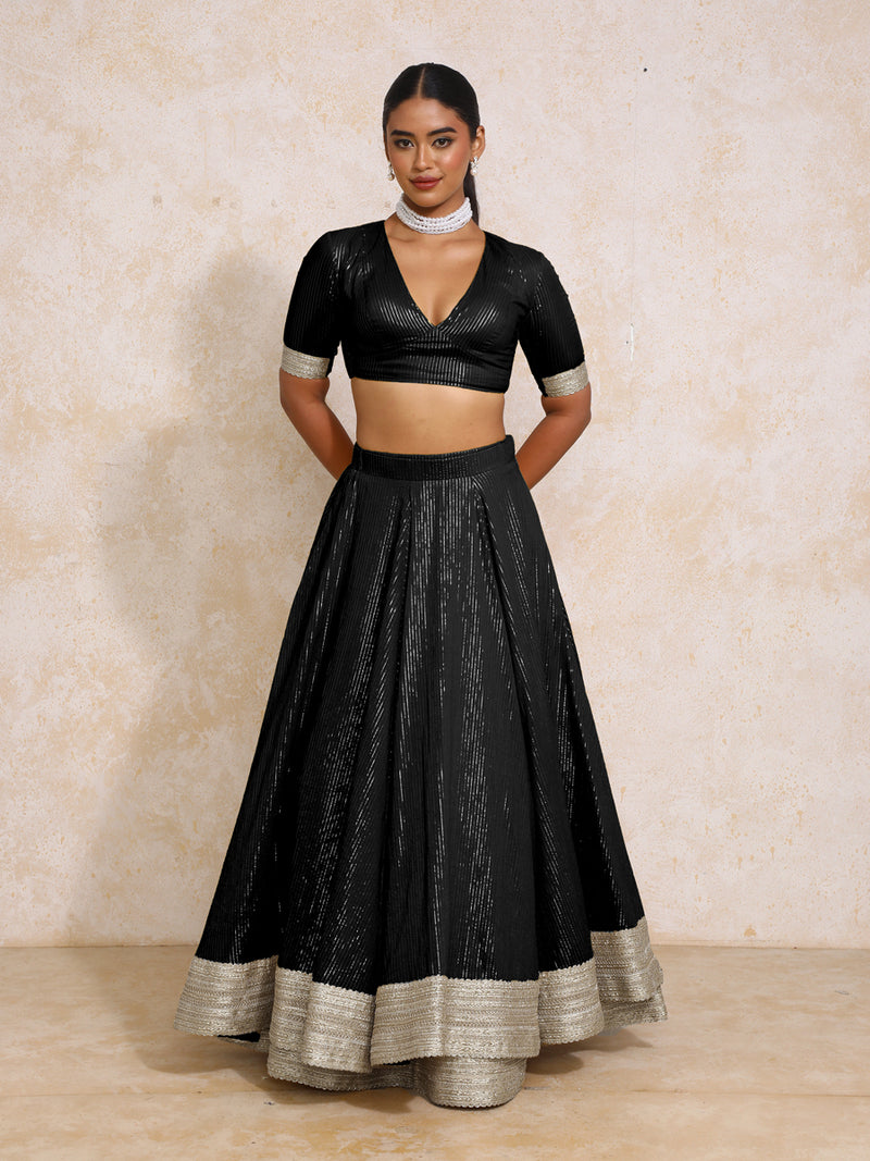 Vareesha x Tyohaar | Black Silver Stripe Cotton FlareFit™ Lehenga Set with Dupatta-Binks