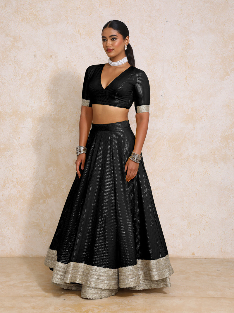 Vareesha x Tyohaar | Black Silver Stripe Cotton FlareFit™ Lehenga Set with Dupatta-Binks