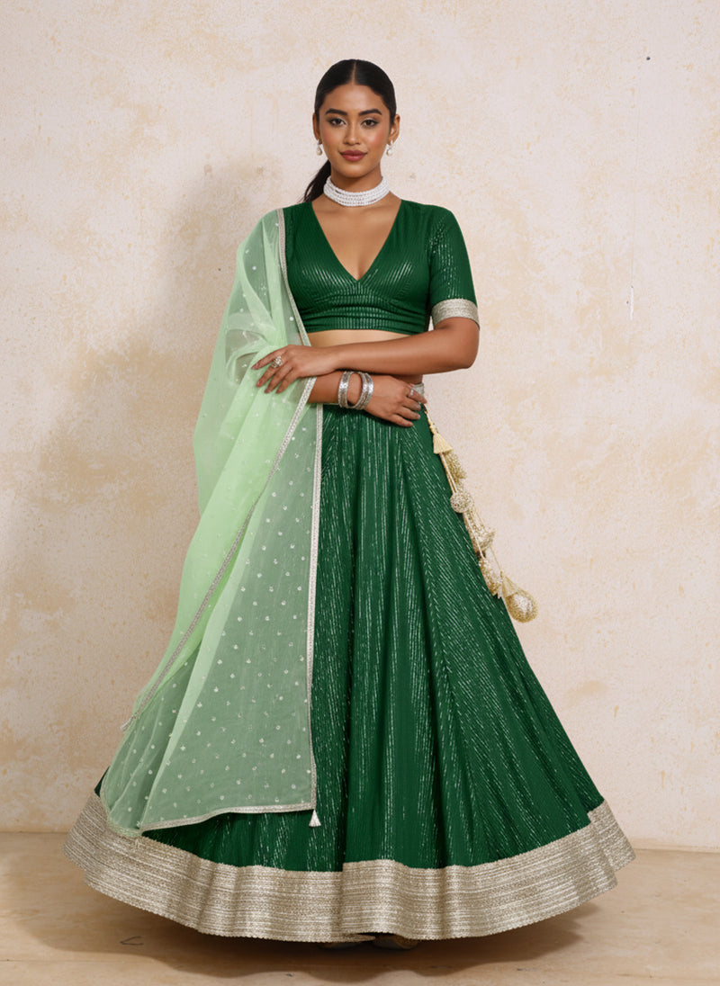 Vareesha x Tyohaar | Dark Green Silver Stripe Cotton FlareFit™ Lehenga Set with Dupatta-Binks