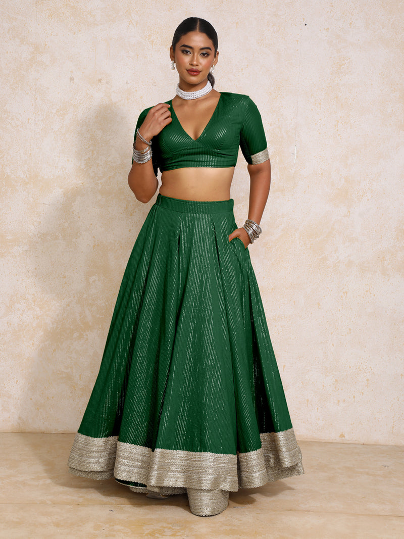 Vareesha x Tyohaar | Dark Green Silver Stripe Cotton FlareFit™ Lehenga Set with Dupatta-Binks